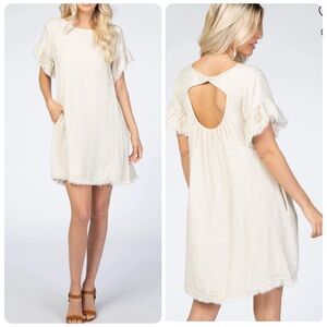 BAD LITTLE COUNTRY GIRL TINA cream Beige Linen Blend SHIRT DRESS Fray Hem size S